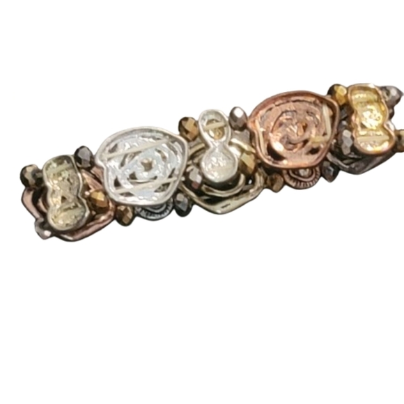 Vintage bracelets 2 copper tone metal abalone stretchy art noveau - Picture 8 of 14